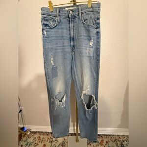 MOTHER High Waisted Study Hover Light Blue Distressed Relaxed Jeans